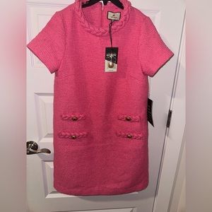 Tuckernuck Hot Pink Tweed Jackie Dress XS NEW Gold Button Faux Pocket Zip Vintag